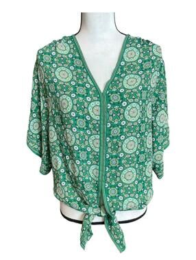 Max Studio NWT green print V neck tie waist blouse medium